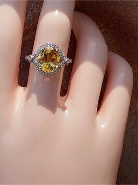 D'Joy Brazilian Citrine & White Zircon Halo Statement Ring Sterling Silver 8